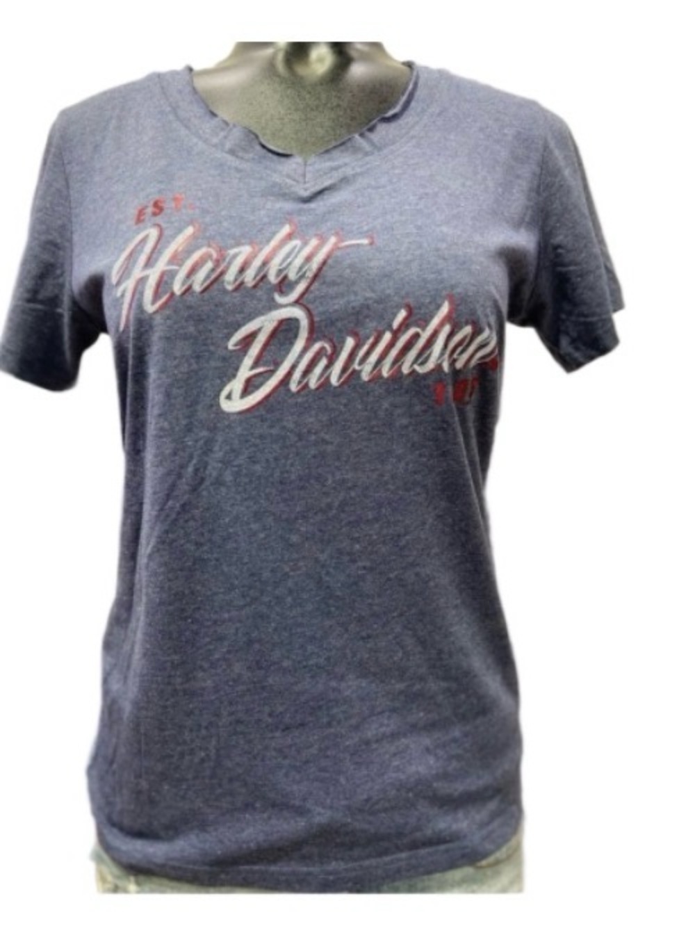 Harley-Davidson Lisbon Portugal Heather Navy Script Logo Tee with Red & White